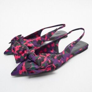 NEW Zara Flat Leopard Animal Print Slingback Shoes with Bow Detail 2506/010